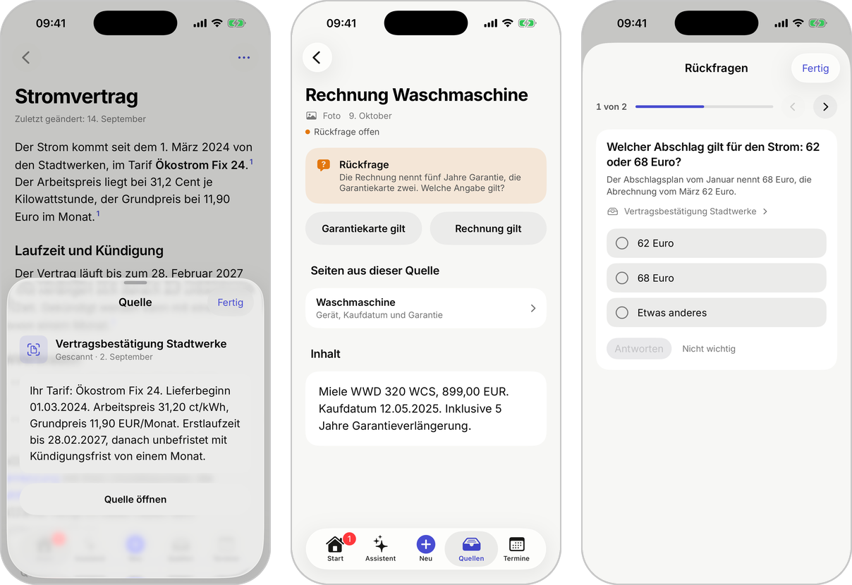 Die Quelle hinter einer Fußnote, eine Quelle mit einer Rückfrage zu zwei widersprüchlichen Angaben und die Liste der Rückfragen