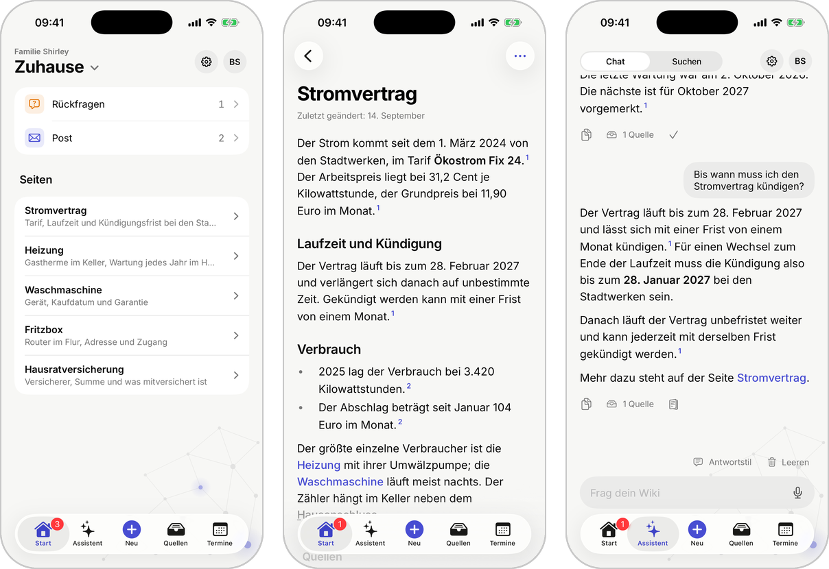 Drei Ansichten der iPhone-App: die Startseite eines Wikis mit Rückfragen, Post und Seiten, die Seite zum Stromvertrag mit Fußnoten, und eine Frage an das Wiki mit ihrer Antwort