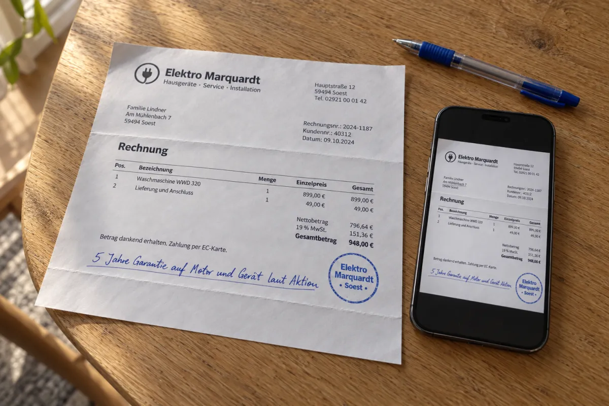 Die Rechnung liegt auf dem Tisch, daneben ein Telefon, das dieselbe Rechnung als Bild zeigt