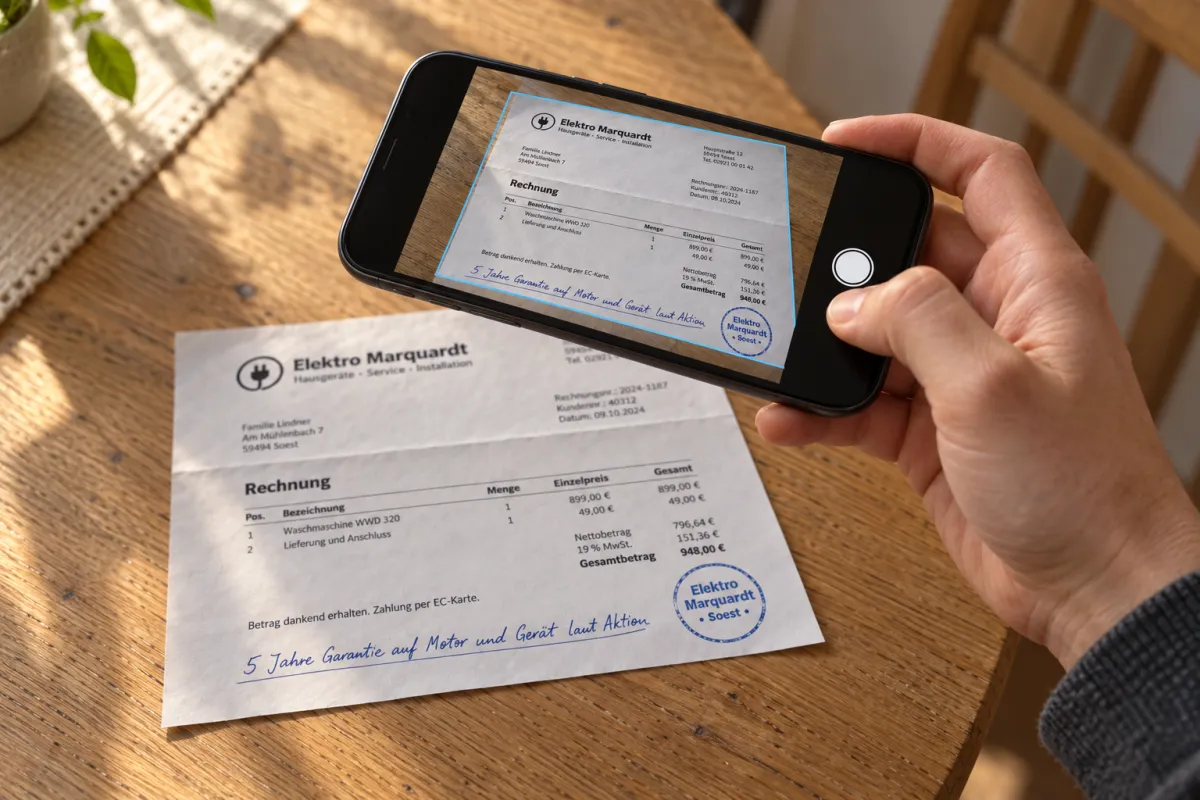 Eine Hand hält ein Telefon über die Rechnung von Elektro Marquardt; auf dem Bildschirm ist die Rechnung zu sehen, mit einem Rahmen um das erkannte Blatt
