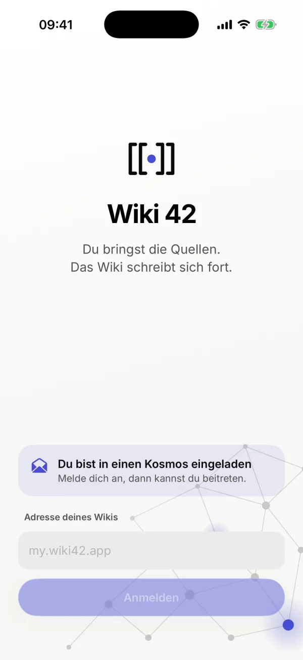 Die Anmeldung mit dem Hinweis „Du bist in einen Kosmos eingeladen“