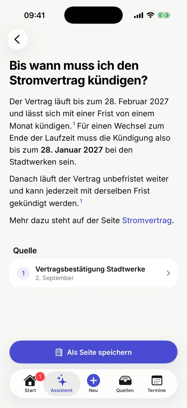 Die Antwort auf die Frage zur Kündigung des Stromvertrags mit ihrer Quelle und dem Knopf „Als Seite speichern“