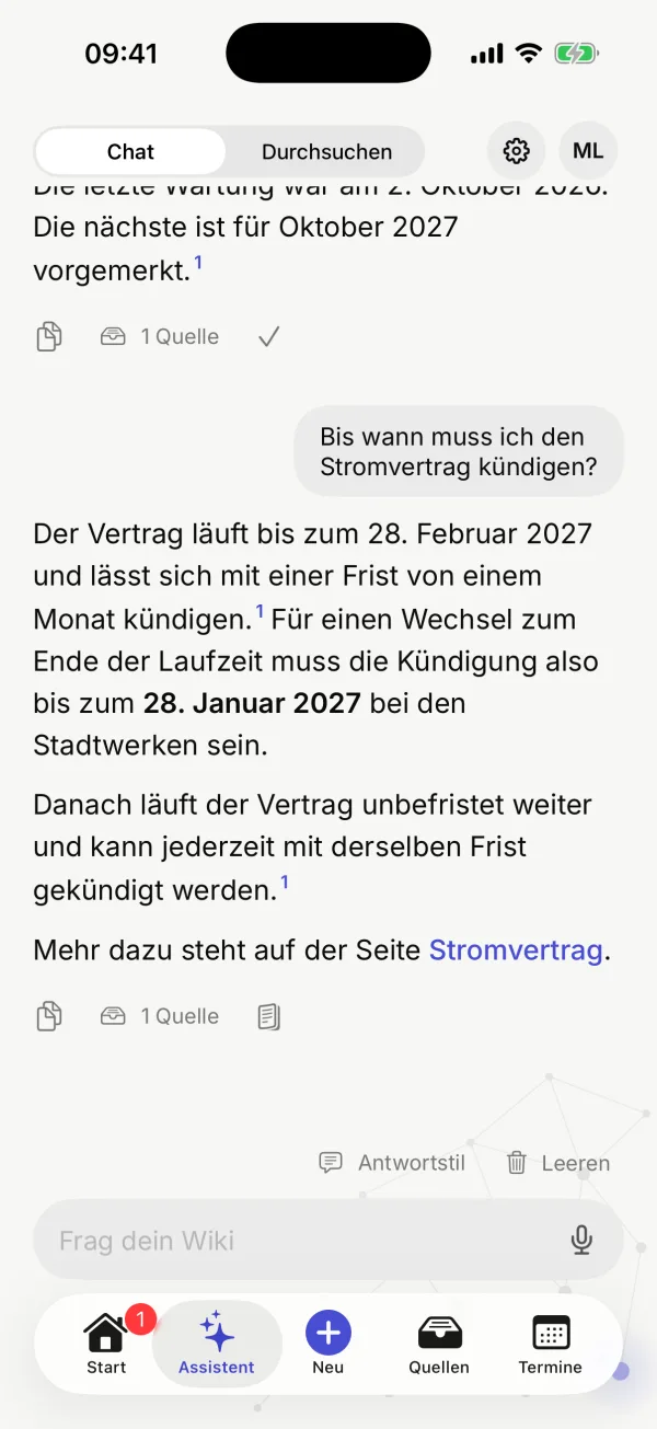 Der Bereich „Assistent“ als Chat mit einer Frage und ihrer Antwort
