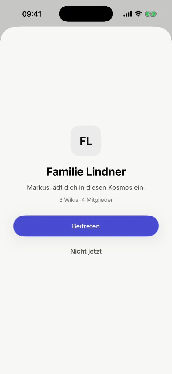 Die Einladung in den Kosmos „Familie Lindner“ mit den Knöpfen „Beitreten“ und „Nicht jetzt“