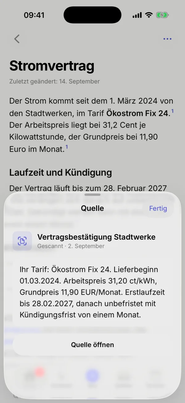 Das Blatt „Quelle“ mit der Vertragsbestätigung der Stadtwerke hinter einer Fußnote