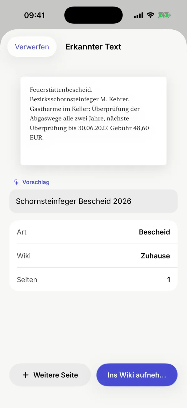 Der erkannte Text eines Bescheids mit dem vorgeschlagenen Titel „Schornsteinfeger Bescheid 2026“
