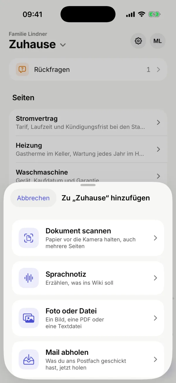Das Blatt zum Hinzufügen mit den Wegen Dokument scannen, Sprachnotiz, Foto oder Datei und Mail abholen