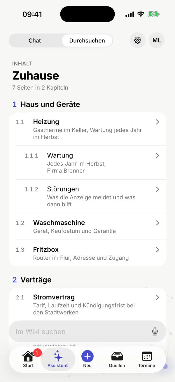 Das Inhaltsverzeichnis des Wikis „Zuhause“ mit den Kapiteln „Haus und Geräte“ und „Verträge“