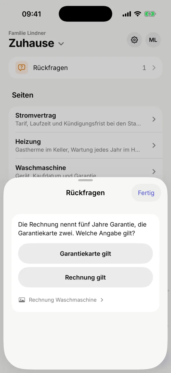 Die Rückfrage zur Garantie mit den Antworten „Garantiekarte gilt“ und „Rechnung gilt“