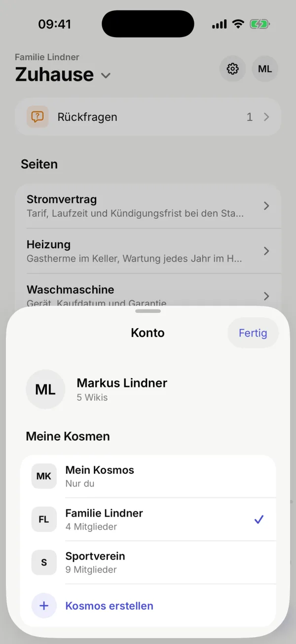 Das Konto von Markus Lindner mit den Kosmen „Mein Kosmos“, „Familie Lindner“ und „Sportverein“