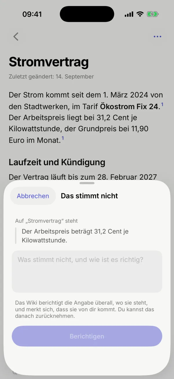 Das Blatt „Das stimmt nicht“ mit der Stelle zum Arbeitspreis und dem Feld für die Berichtigung