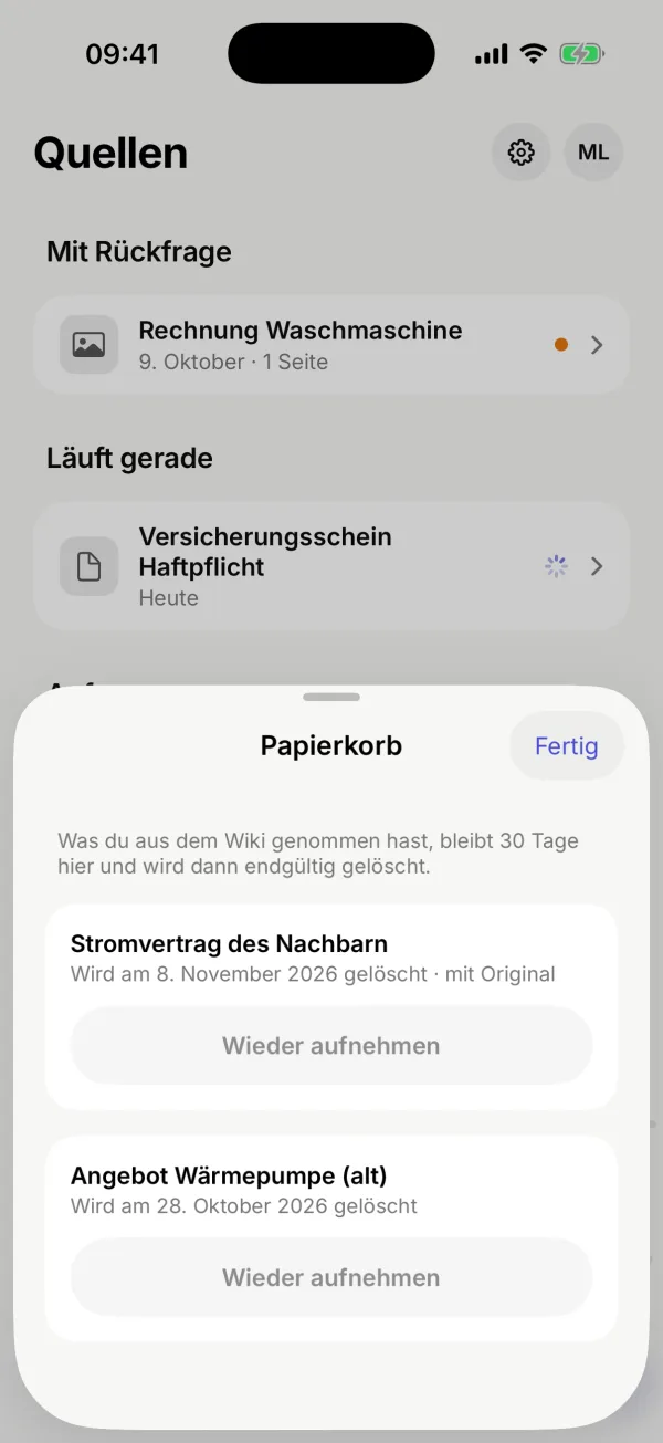 Der Papierkorb mit zwei herausgenommenen Quellen und dem Knopf „Wieder aufnehmen“