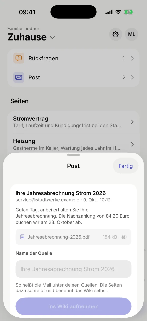 Eine wartende Mail der Stadtwerke mit der angehängten Jahresabrechnung und dem Knopf „Ins Wiki aufnehmen“