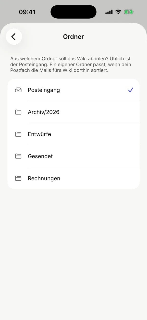 Die Auswahl des Ordners mit Posteingang, Archiv, Entwürfe, Gesendet und Rechnungen