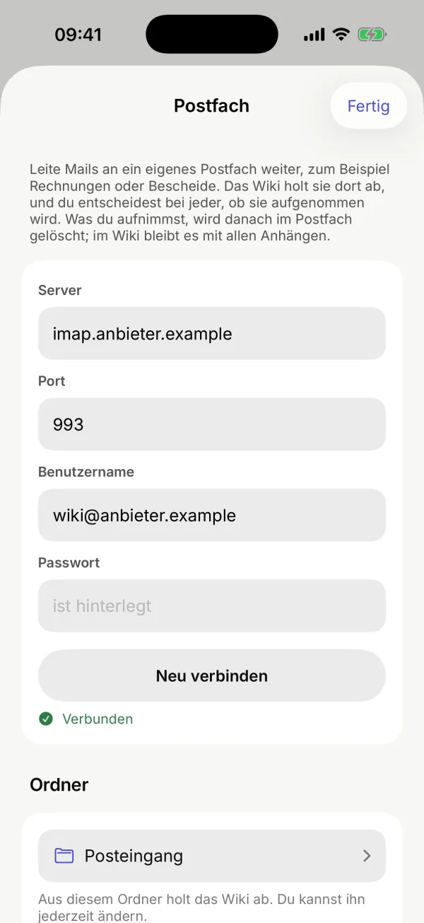 Das Blatt „Postfach“ mit Server, Port, Benutzername, Passwort und dem Hinweis „Verbunden“