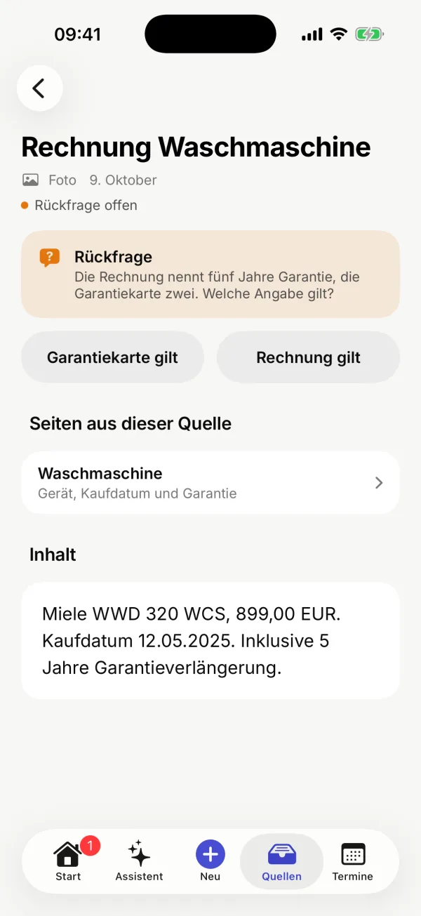 Die Quelle „Rechnung Waschmaschine“ mit Rückfrage, den Seiten aus dieser Quelle und ihrem Inhalt