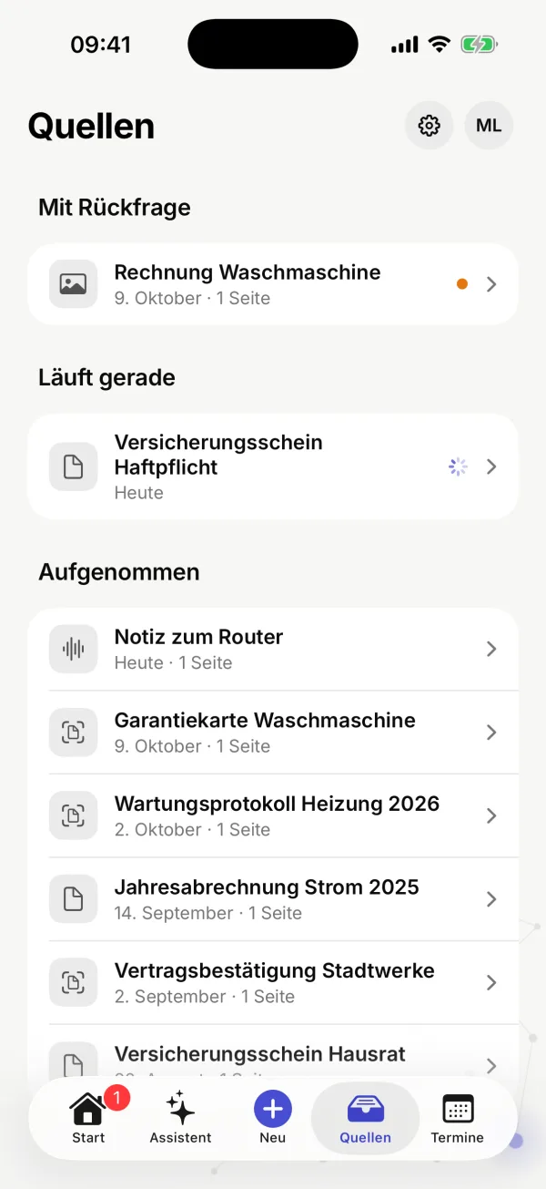 Der Bereich „Quellen“ mit einer Quelle mit Rückfrage, einer laufenden Aufnahme und den aufgenommenen Quellen