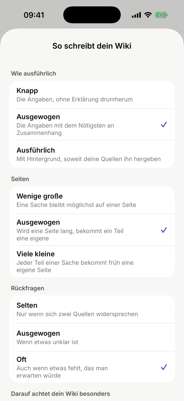 Die Seite „So schreibt dein Wiki“ mit den drei Auswahlen „Wie ausführlich“, „Seiten“ und „Rückfragen“