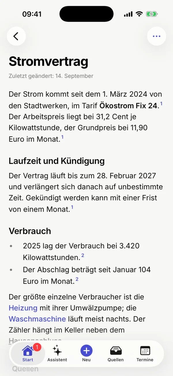 Die Seite „Stromvertrag“ mit den drei Punkten oben rechts