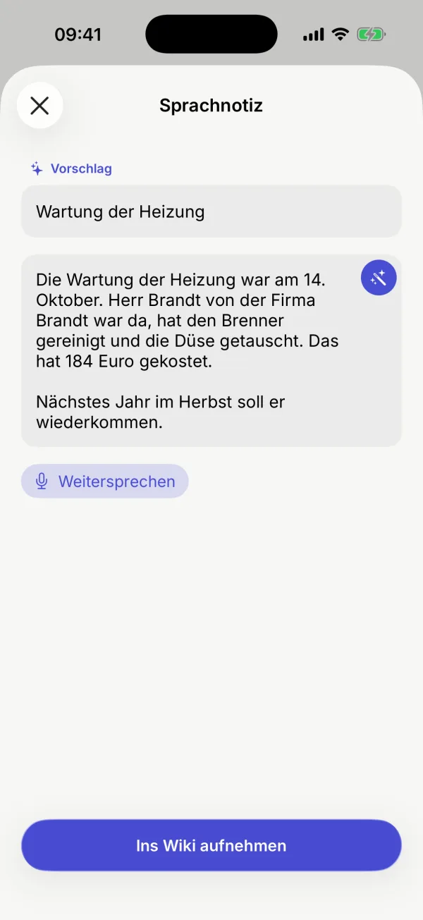 Die fertige Sprachnotiz „Wartung der Heizung“ mit dem geglätteten Text und dem Knopf „Ins Wiki aufnehmen“