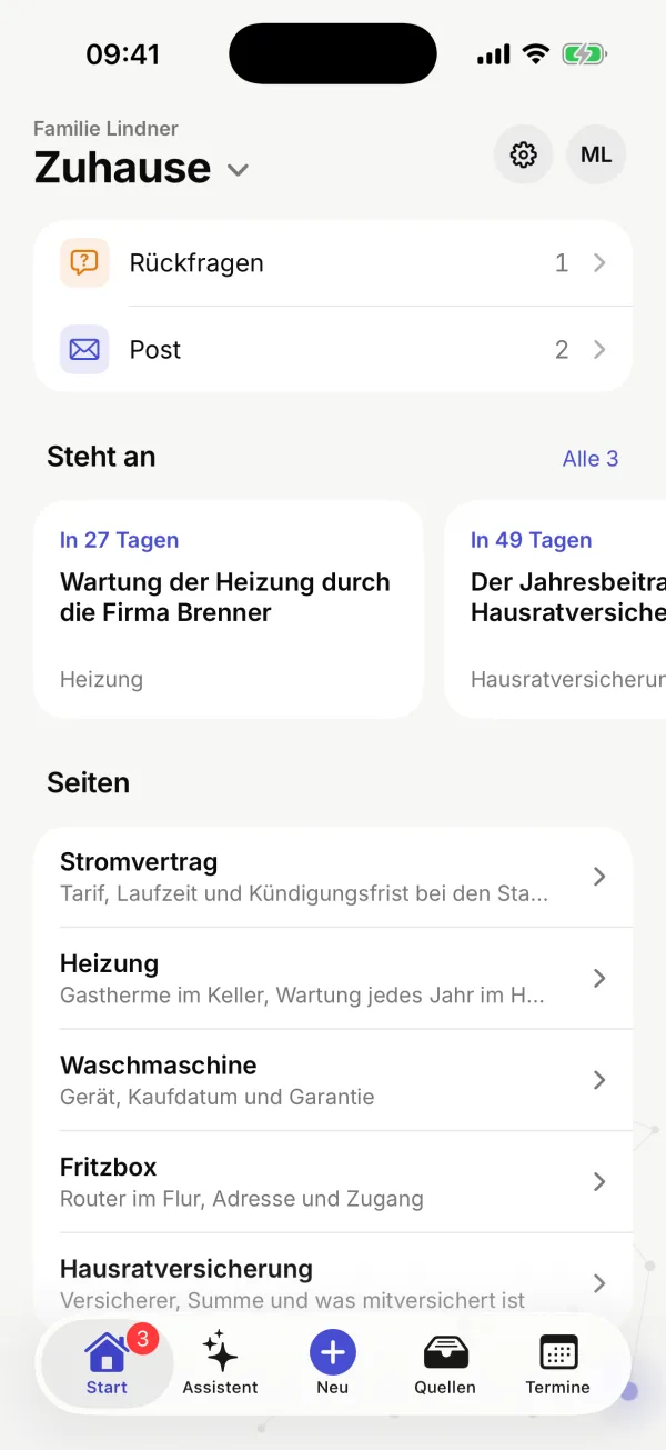 Der Bereich „Start“ mit Rückfragen, Post, Terminen und der Liste der Seiten