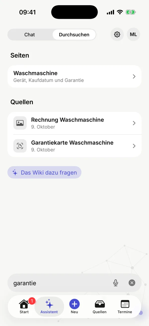 Die Suche nach „garantie“ mit einem Treffer in den Seiten und zwei in den Quellen
