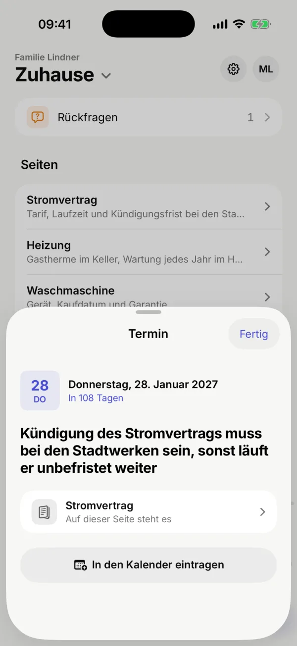Der Termin „Kündigung des Stromvertrags“ am 28. Januar 2027 mit dem Knopf „In den Kalender eintragen“