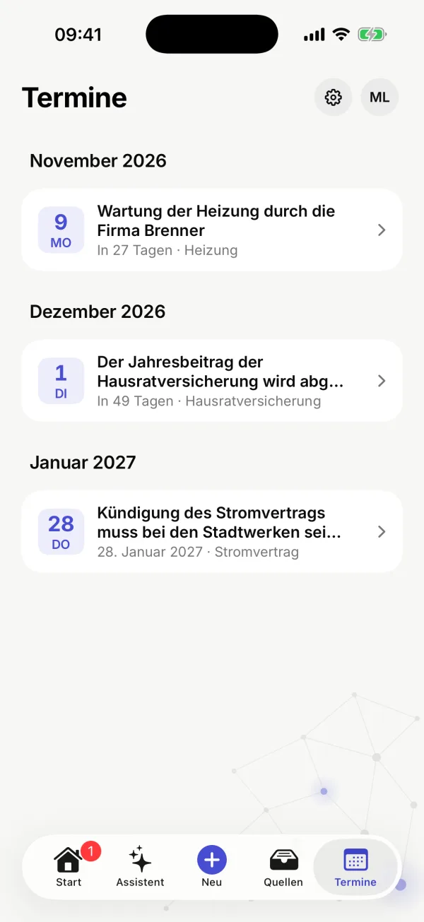 Der Bereich „Termine“ mit drei Terminen in den nächsten Monaten