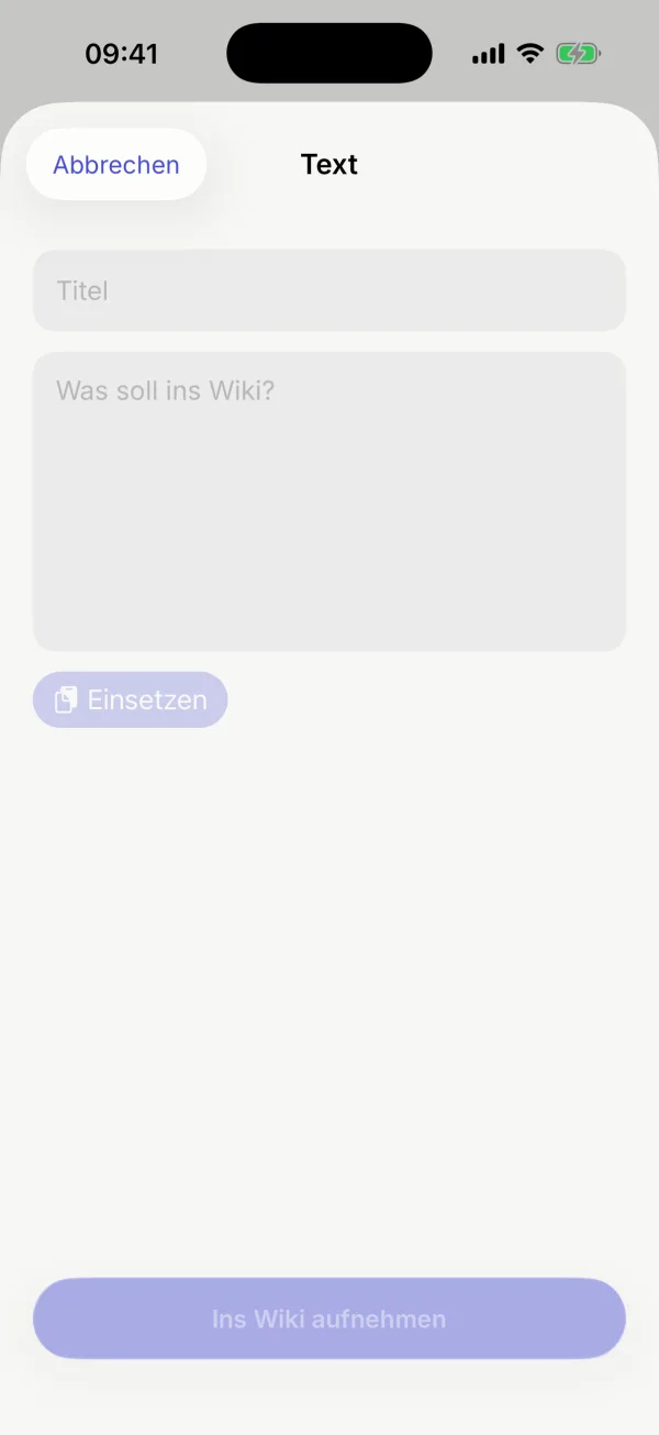 Das Blatt „Text“ mit den Feldern für Titel und Inhalt und dem Knopf „Einsetzen“