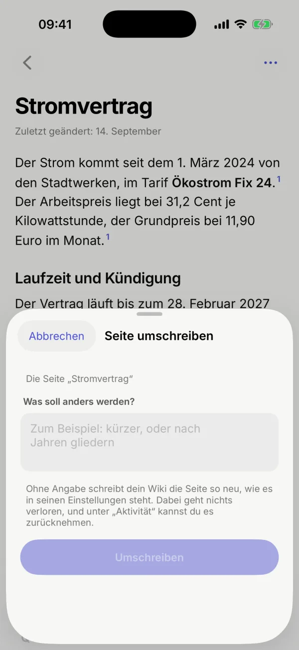 Das Blatt „Seite umschreiben“ über der Seite „Stromvertrag“ mit dem Feld „Was soll anders werden?“