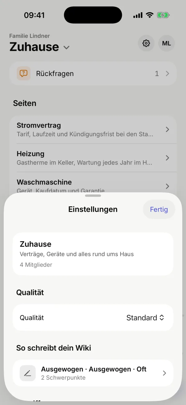 Die Einstellungen des Wikis „Zuhause“ mit Qualität und „So schreibt dein Wiki“