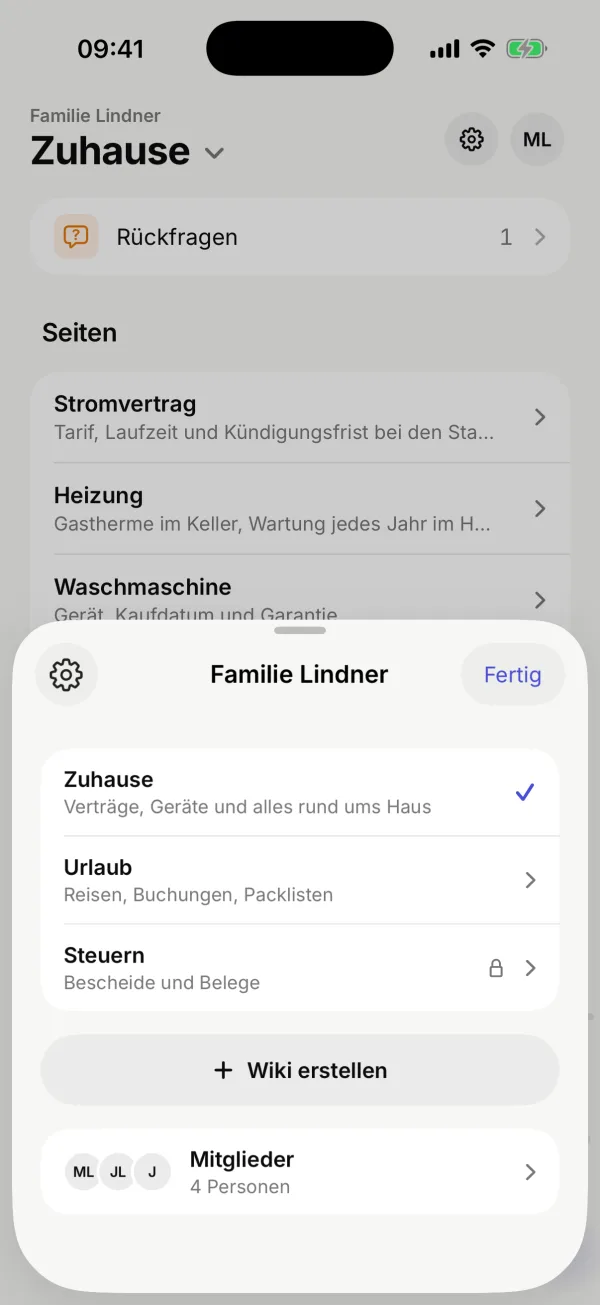 Der Kosmos „Familie Lindner“ mit den Wikis „Zuhause“, „Urlaub“ und „Steuern“ und der Zeile „Mitglieder“