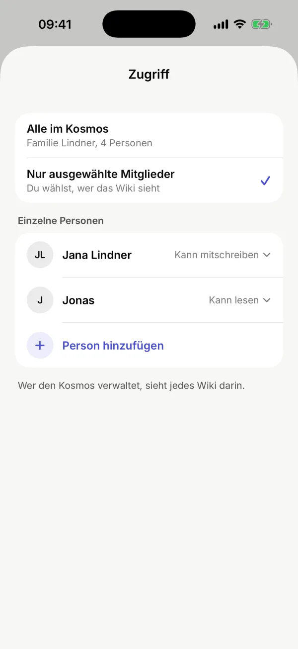 Der Zugriff eines Wikis: nur ausgewählte Mitglieder, darunter Jana Lindner mit „Kann mitschreiben“ und Jonas mit „Kann lesen“